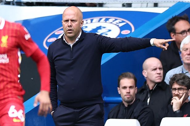 Liverpool's Dutch manager Arne Slot gestures on the touchline during the English Premier League football match between Chelsea and Liverpool at Stamford Bridge in London on May 4, 2025. (Photo by HENRY NICHOLLS / AFP) / RESTRICTED TO EDITORIAL USE. No use with unauthorized audio, video, data, fixture lists, club/league logos or 'live' services. Online in-match use limited to 120 images. An additional 40 images may be used in extra time. No video emulation. Social media in-match use limited to 120 images. An additional 40 images may be used in extra time. No use in betting publications, games or single club/league/player publications. /  (Photo by HENRY NICHOLLS/AFP via Getty Images)