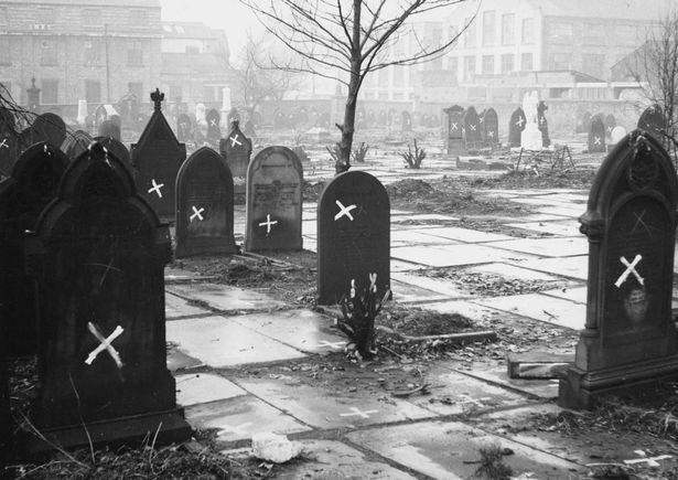 Gravestones marked out at Ardwick Cemetery, Manchester, November 1959