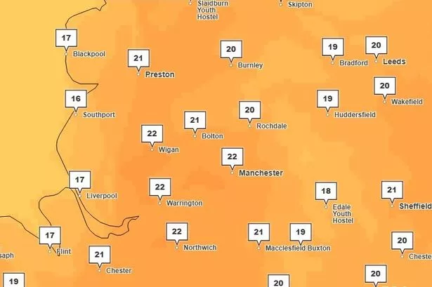 Met Office weather map showing Greater Manchester on Saturday, May 17