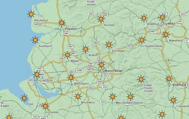 Met Office weather map showing Greater Manchester at 4pm on Saturday, May 17