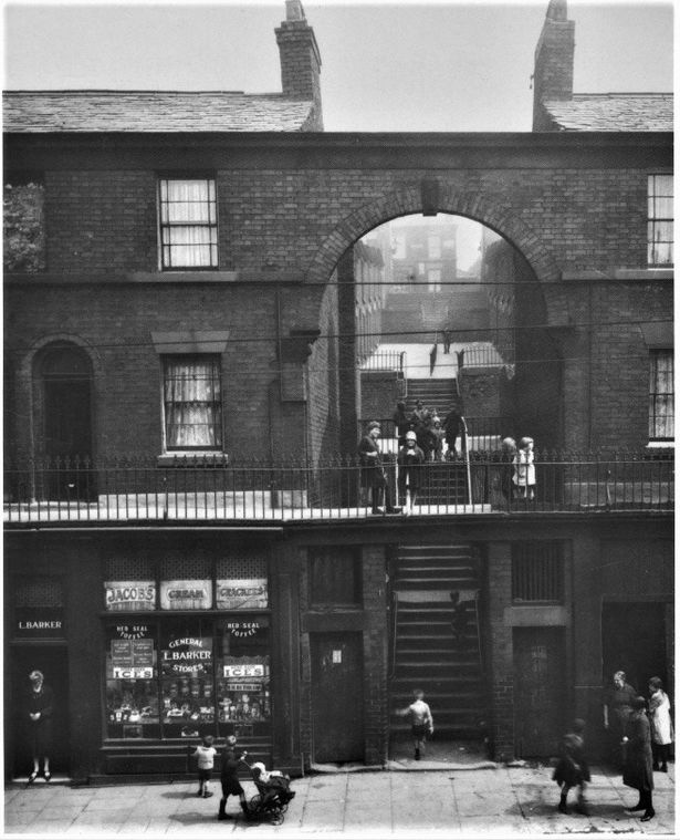 Netherfield Road leading to Everton Terrace. May 5, 1927. General L.Barker Stores in the foreground as a large set of steps connects the multi level streets.