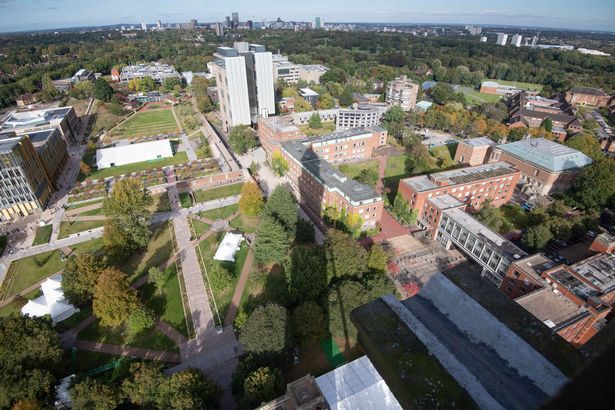 University of Birmingham campus with the shadow of Old Joe pointing towards the Arts Faculty and the Muirhead Tower