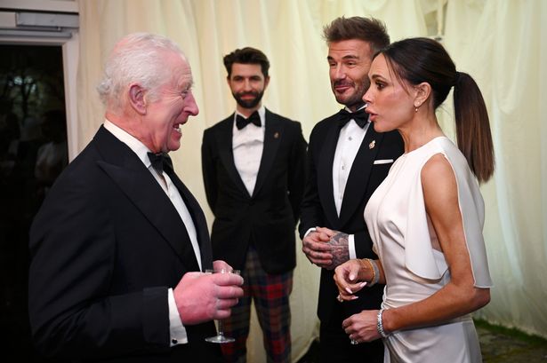 King Charles III, David Beckham and Victoria Beckham during a dinner at Highgrove House on February 07, 2025 in Tetbury, England