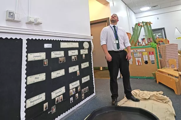 The damage caused by vandals at Arnot St. Mary Primary School, Walton pictured onlooking Assistant Headteacher Sean Fitzsimmons. Photo by Colin Lane