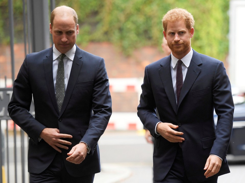 Prince William and Prince Harry walking in suits.