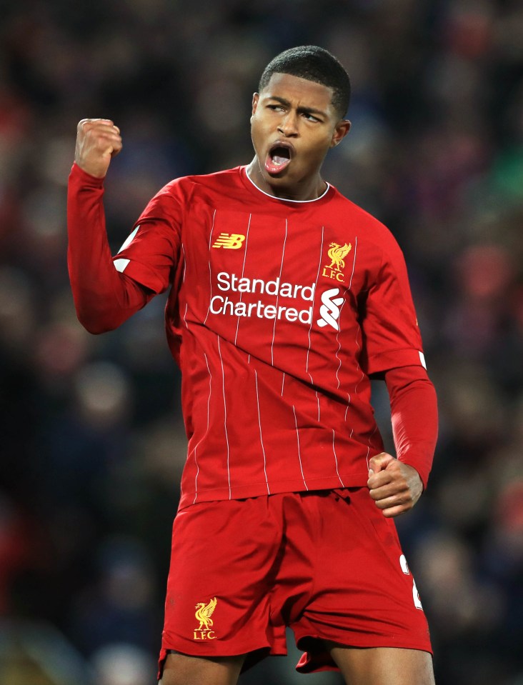 Rhian Brewster in Liverpool uniform celebrating.