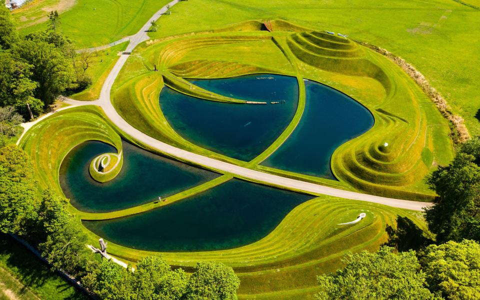 Aerial view of Cells of Life landform sculptures at Jupiter Artland.