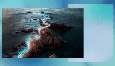 Rocky coastline with a digitally added glowing light path winding through the rocks and extending into the sea, contrasting with the natural landscape