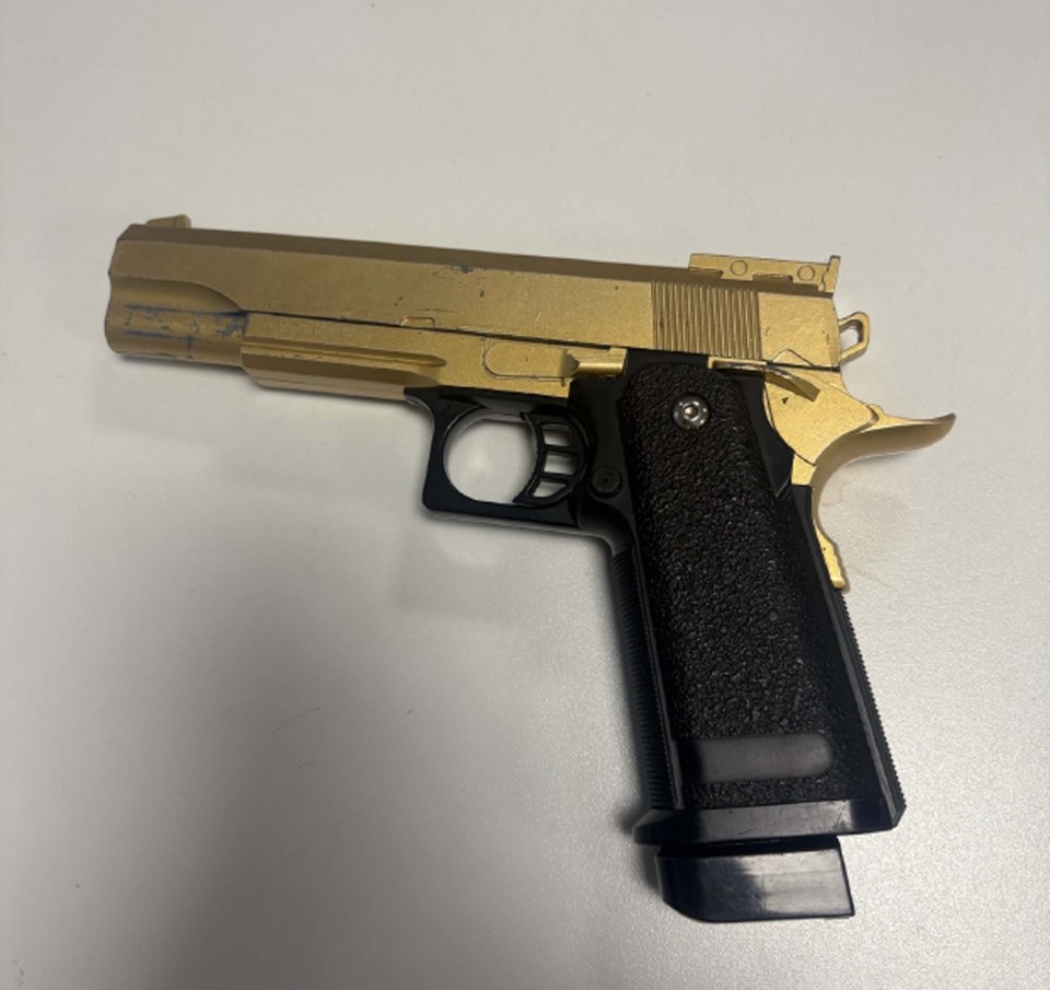 Gold-colored handgun seized during a drug raid.