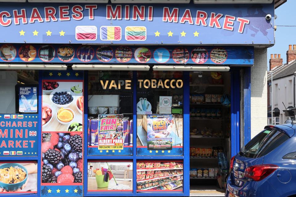 A mini market in Middlesbrough with a sign that says "Vape Tobacco".