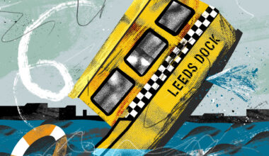 Illustration of the Leeds Dock water taxi sinking and being thrown a life ring