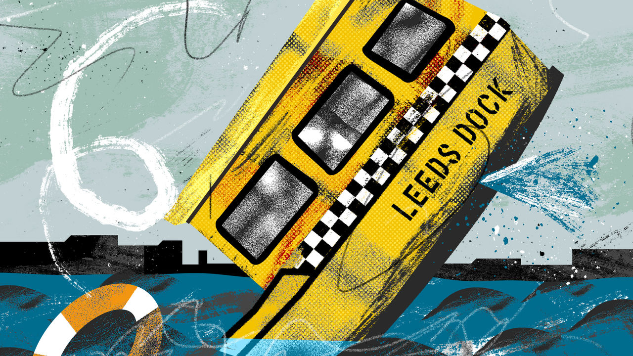Illustration of the Leeds Dock water taxi sinking and being thrown a life ring