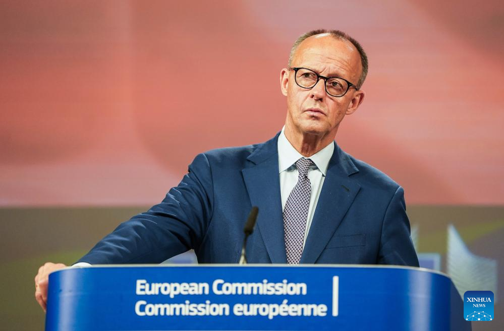 Germany's Merz attends press conference in Brussels, Belgium-Xinhua