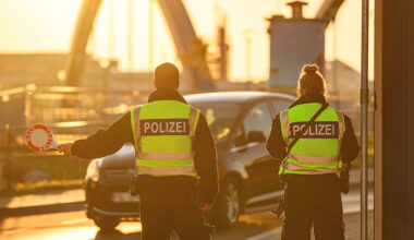 Federal police officers stand at the German-Polish border crossing Stadtbrucke, Germany