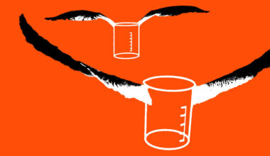 illustration showing two black-and-white bird wings carrying laboratory beakers instead of bird bodies