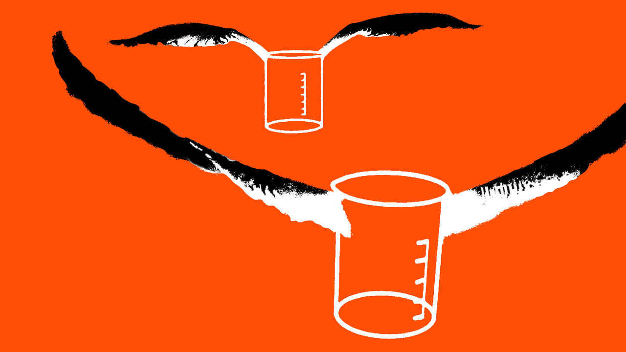 illustration showing two black-and-white bird wings carrying laboratory beakers instead of bird bodies