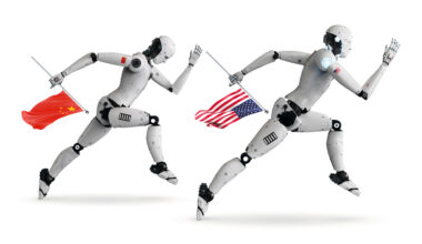 Tow robots in a race, the robot ahead is holding the Americain flag and the one just behind holding the Chinese flag
