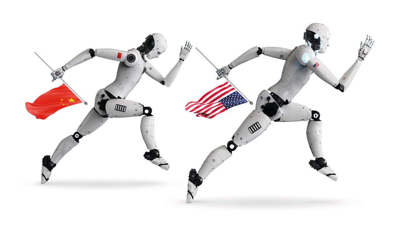Tow robots in a race, the robot ahead is holding the Americain flag and the one just behind holding the Chinese flag