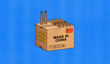 Illustration of a factory made out of a cardboard box that says MADE IN CHINA on it