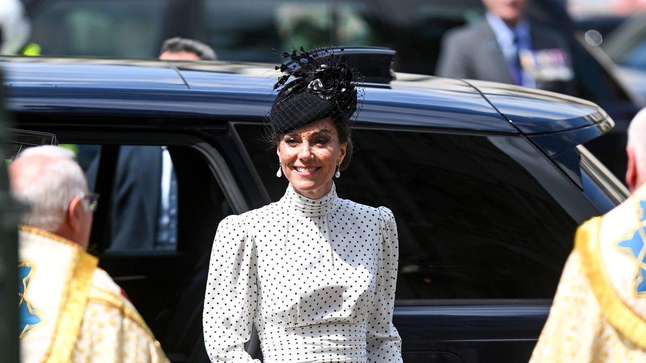 Kate Middleton dazzles in white polkadots as she attends the Service of Thanksgiving at Westminster Abbey to mark the 80th anniversary of VE Day