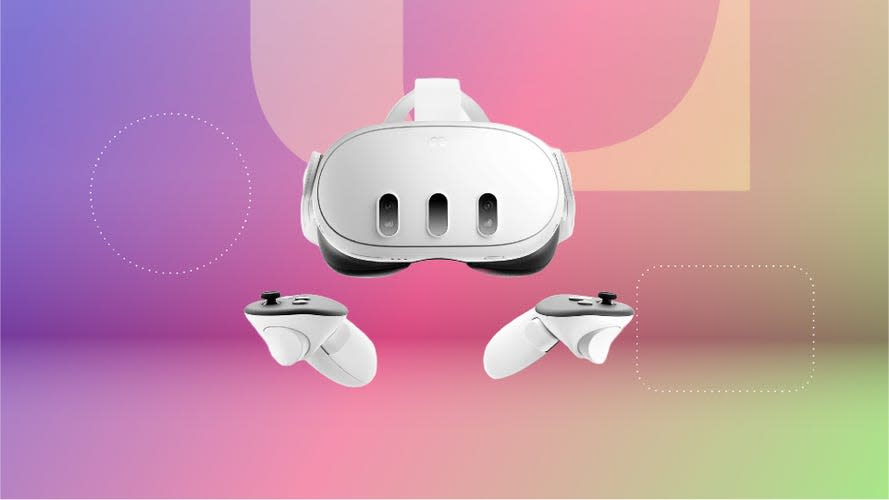 Meta Quest 3 headset and controllers against a purple, pink and green gradient background. 