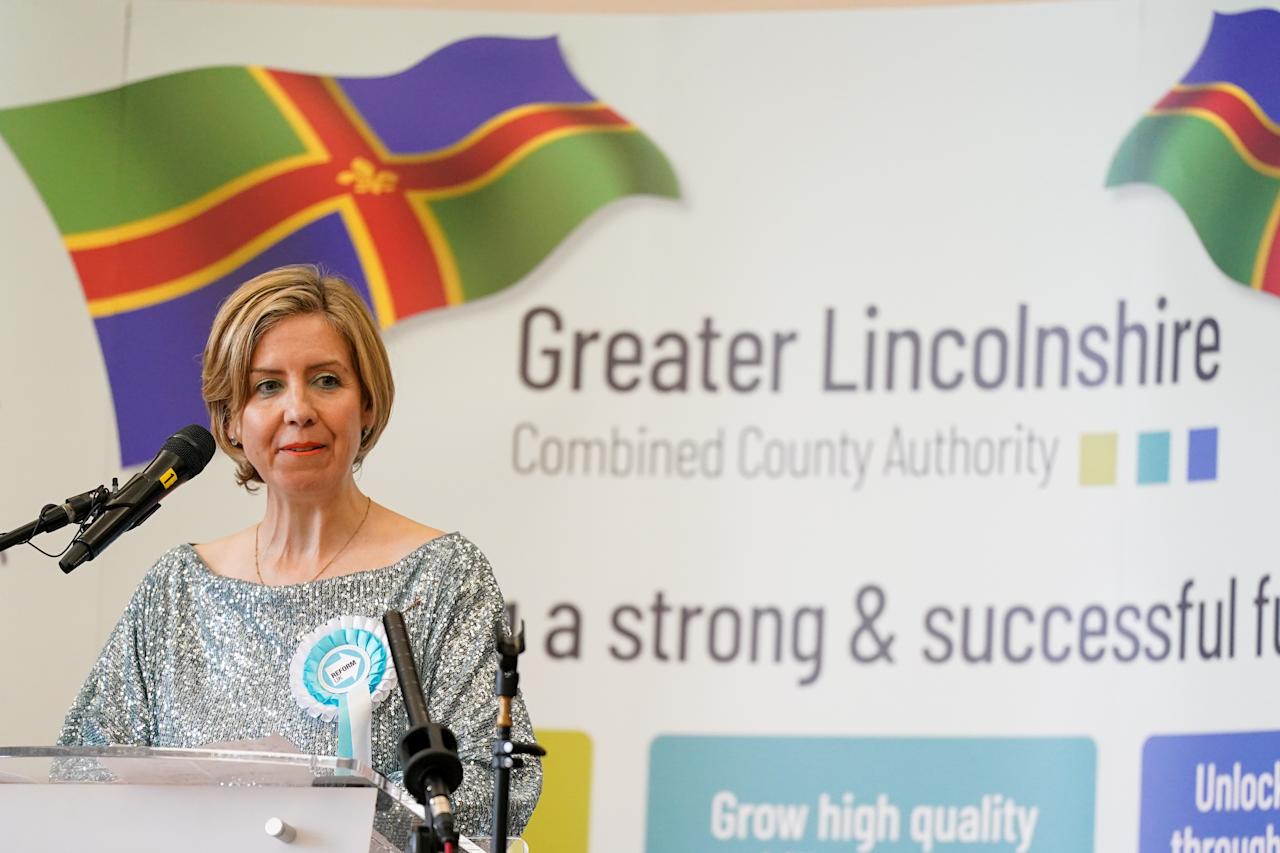 GRIMSBY, ENGLAND - MAY 02: Dame Andrea Jenkyns of the Reform Party speaks after she is declared the winner of the Greater Lincolnshire Combined County Authority Mayoral Election at Grimsby Town Hall on May 02, 2025 in Grimsby, England. Andrea Jenkyns of the Reform Party won 104,133 votes, making up 42% of the vote count. (Photo by Ian Forsyth/Getty Images)