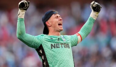 Crystal Palace goalkeeper Dean Henderson celebrates their FA Cup final win