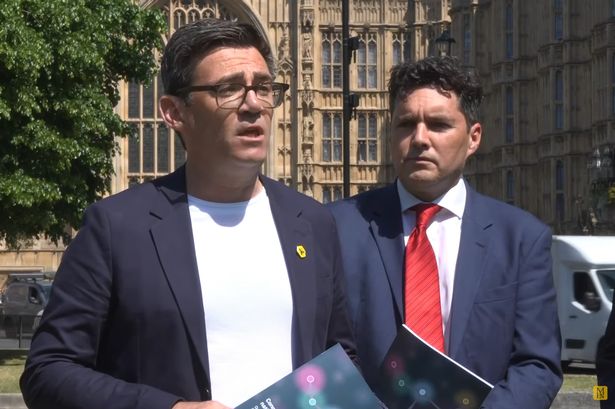 Greater Manchester mayor Andy Burnham at a press conference in Westminster about the plans for a new Manchester-Liverpool railway line