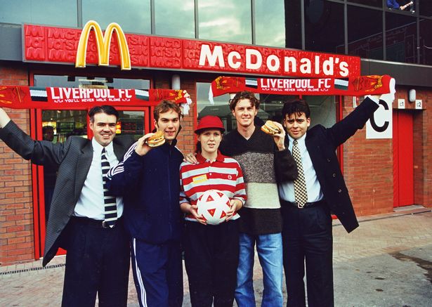 Steve McManaman and Jason McAteer at the Kop McDonald's bar. November 21, 1995