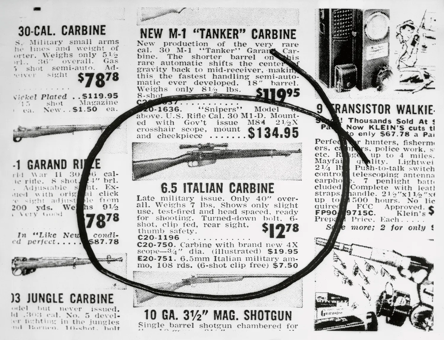 A 1960s newspaper ad from Klein's Sporting Goods shows an italian carbine rifle circled.