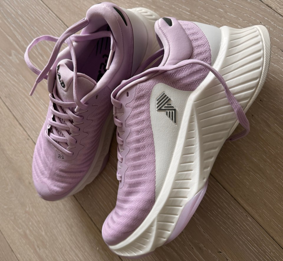 Pair of lavender and white hybrid trainers.