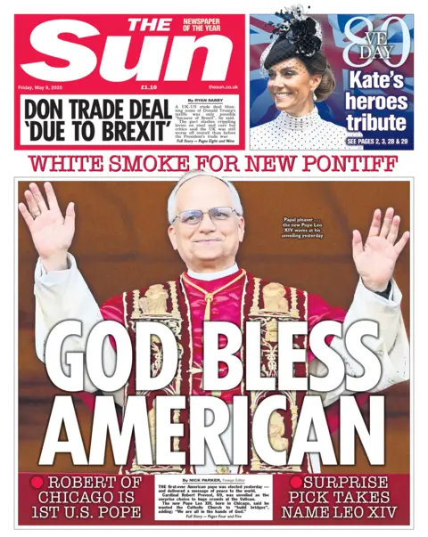 "God bless American" reads the headline on the front page of the Sun alongside a photo of the new pope, who hails from Chicago.  