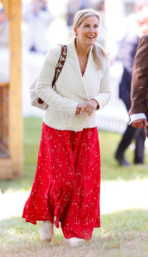 duchess sophie in red dress and white blazer