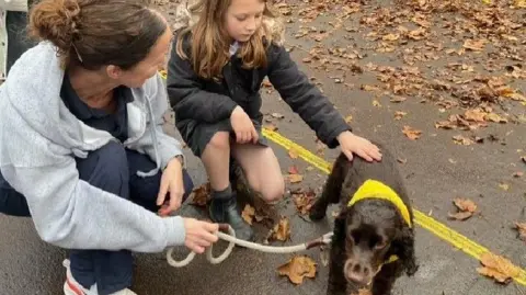 Lumi Nova An eight-year-old girl strokes a small brown spaniel-type dog on a playground on a wet autumn day. Her teacher, who is dressed in activewear, is holding the dog on a lead and smiling.