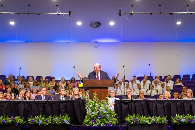 Elder Quentin L. Cook of the Quorum of the Twelve Apostles speaks a multi-stake conference held in Birmingham, England on Sunday, May 25, 2025.