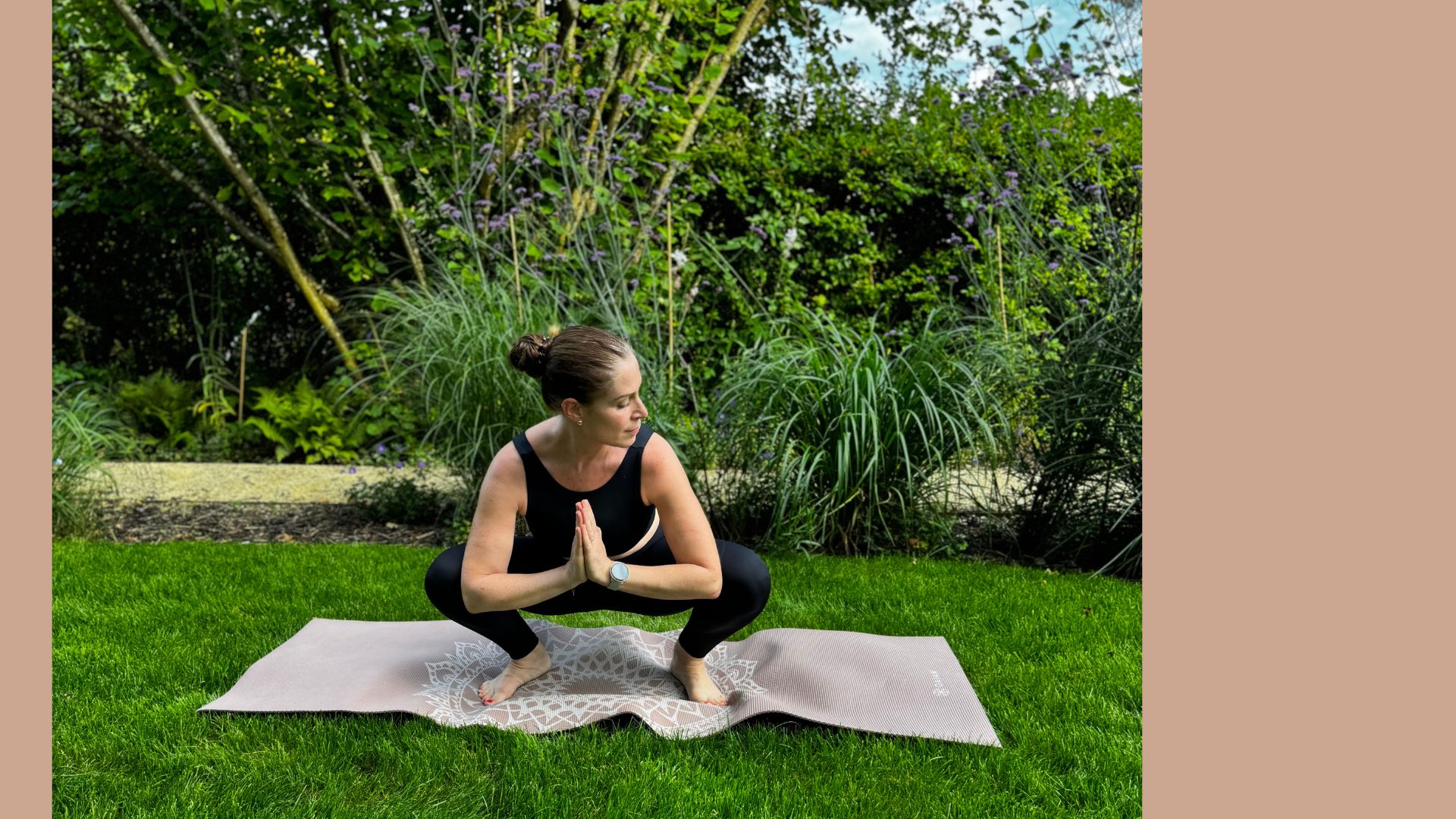 Anna Bartter squatting on yoga mat in garden, doing Pilates in perimenopause