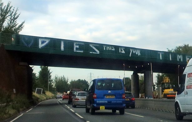 Liverpool band The Pies graffiti painted on bridges on the M6 motorway.