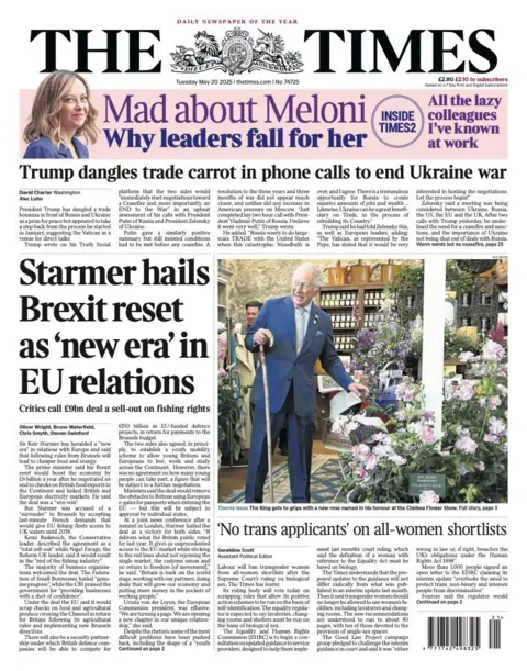 BBC The headline on the front page of the Times reads: "Starmer hails Brexit reset as 'new era' in EU relations".