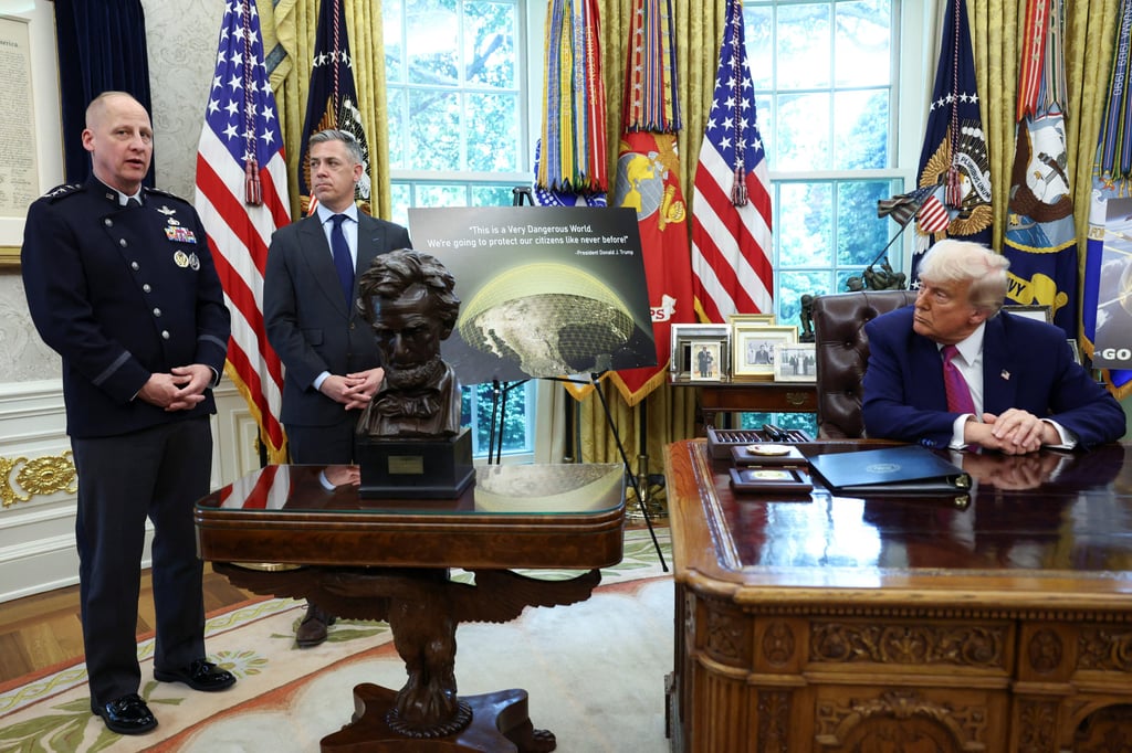 US Space Force General Michael Guetlein (right) speaks as US President Donald Trump makes an announcement regarding the Golden Dome missile defence shield in the Oval Office on Tuesday. Photo: Reuters