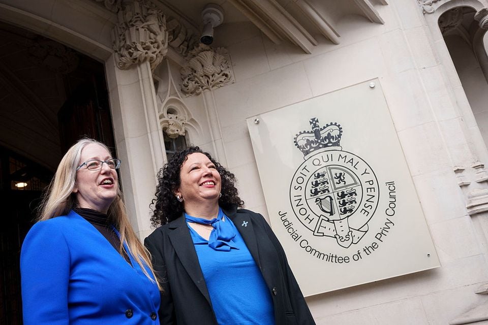 Following the ruling in the Supreme Court that the term 'woman' refers to 'biological women', womens' rights campaigners Helen Joyce and Maya Forstater celebrate the judgement (Photo by Richard Baker / In Pictures via Getty Images)