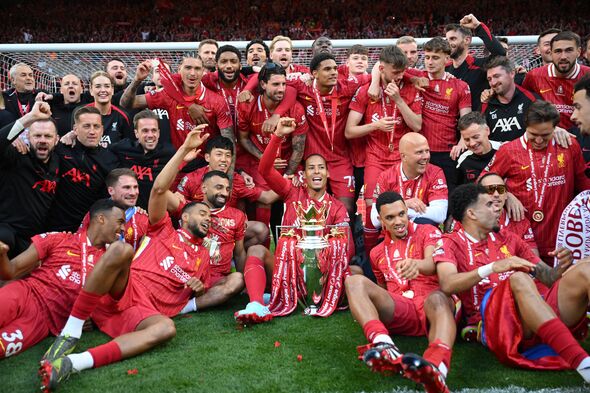 Virgil van Dijk of Liverpool and teammates celebrate with Premier League trophy,