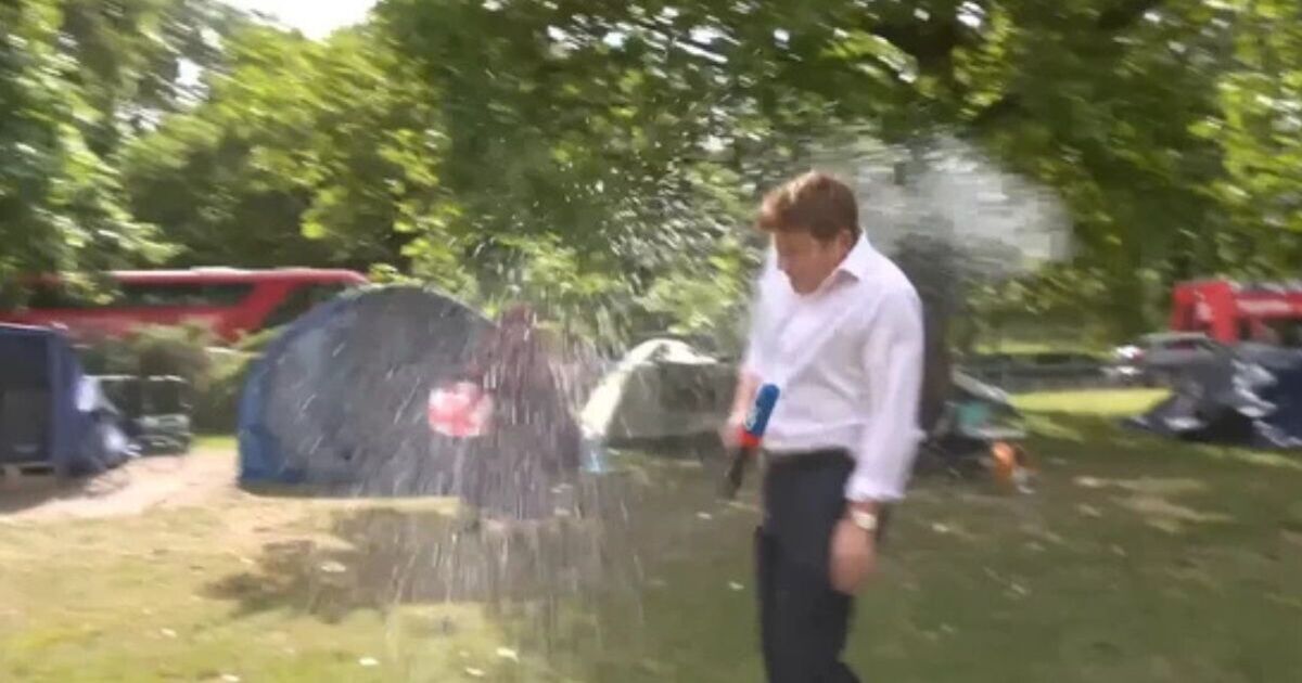 Moment GB News star Patrick Christys is doused at migrant camp | UK | News