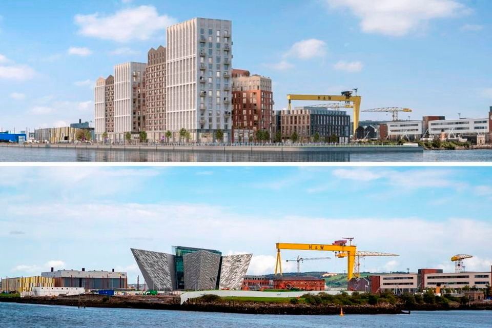 (Top) How the Loft Lines project will look when complete; (bottom) how the area looked before construction got underway (Photo by Aodhan Roberts for Belfast Telegraph)