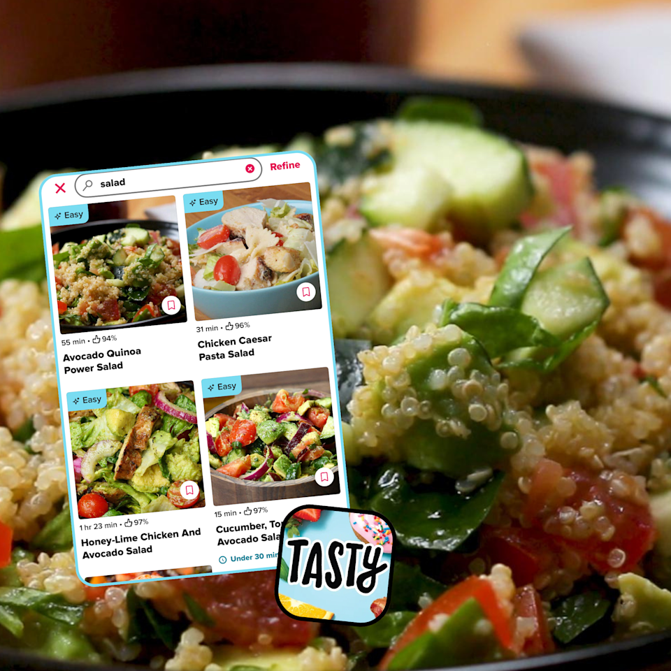 Close-up of a fresh quinoa salad with a digital overlay showing salad recipes and a Tasty logo