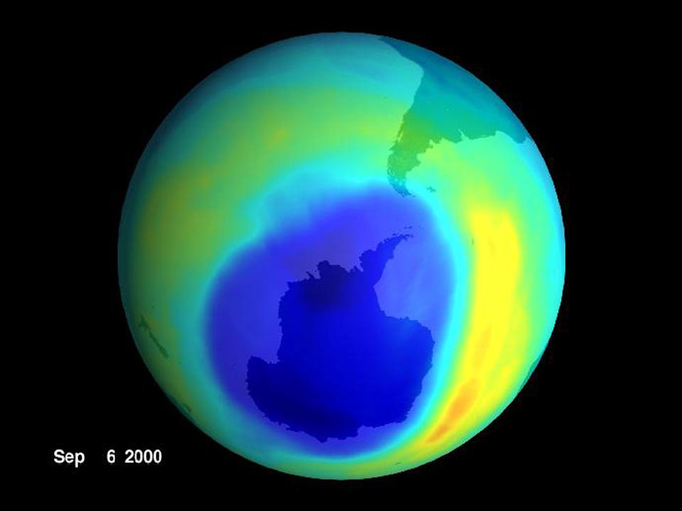 The largest ozone hole ever seen opened up over Antarctica in 2000. Seen in this image released by NASA, the hole appears as a giant blue blob which spreads over about 11 million square miles.
