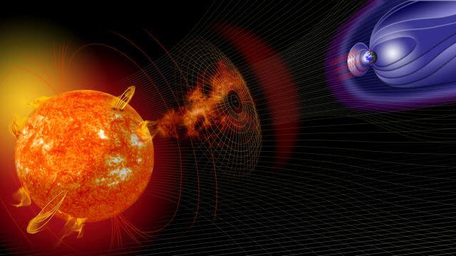 A graphic showing a solar eruption directed at Earth. (<a href="https://www.eurekalert.org/multimedia/1001205" rel="nofollow noopener" target="_blank" data-ylk="slk:NASA;elm:context_link;itc:0;sec:content-canvas" class="link ">NASA</a>)