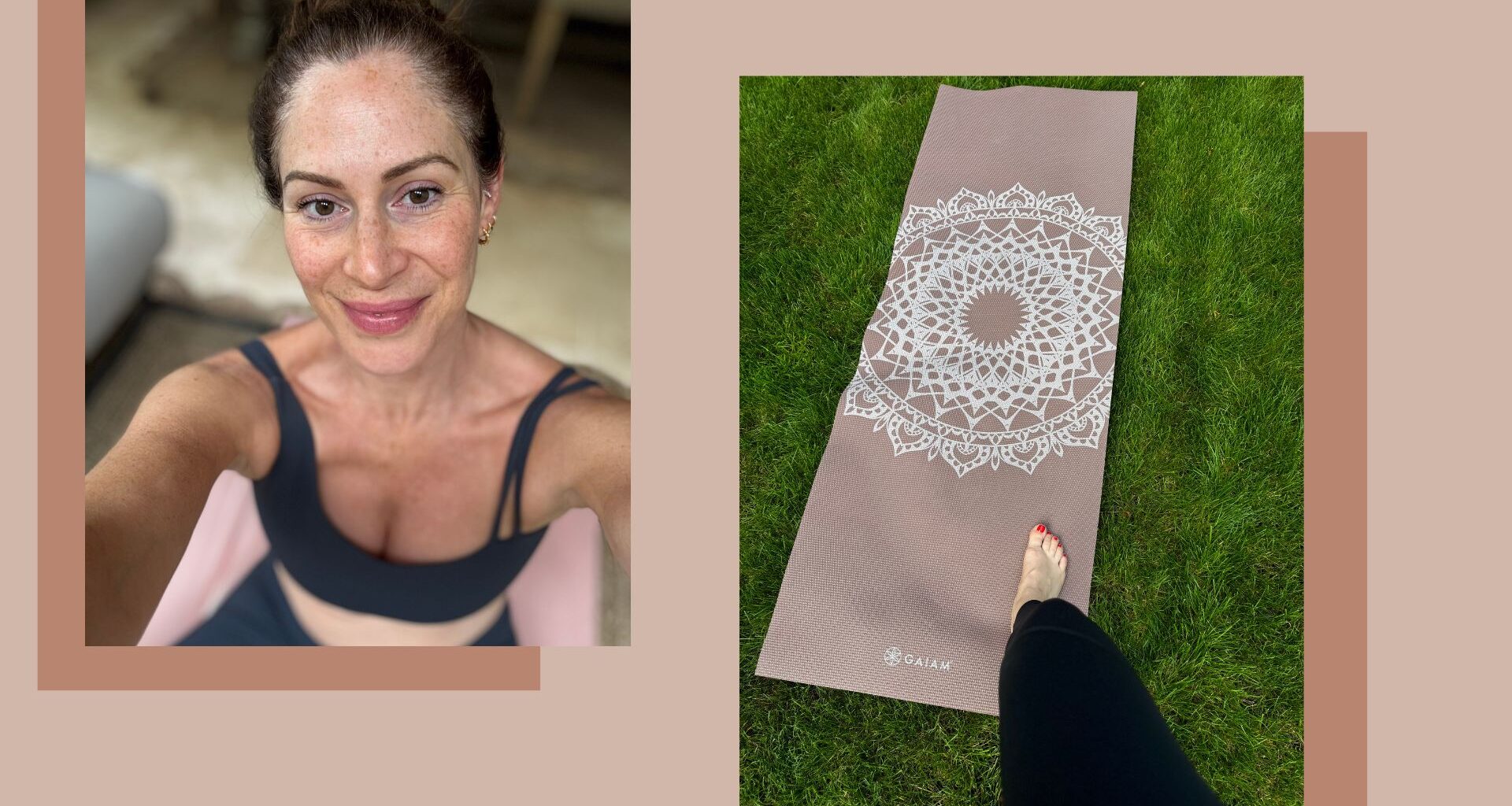 Anna Bartter doing Pilates in perimenopause at home in garden with selfie and yoga mat