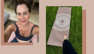 Anna Bartter doing Pilates in perimenopause at home in garden with selfie and yoga mat
