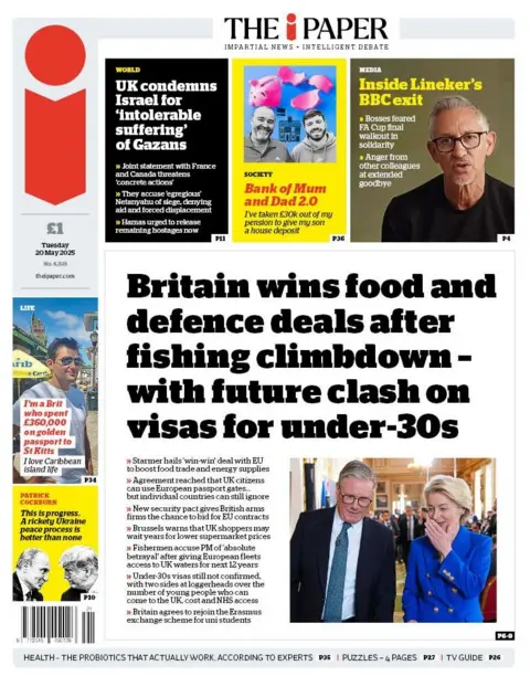 The headline on the front page of the Financial Times reads: "Britain wins food and defence deals after fishing climbdown - with future clash on visas for under-30s". 
