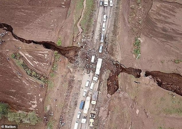 Earth may be forming a sixth ocean due to Africa splitting in two due to a massive crack growing faster than scientists had predicted. Damage occurred at an intersection in Maai Mahiu-Narok